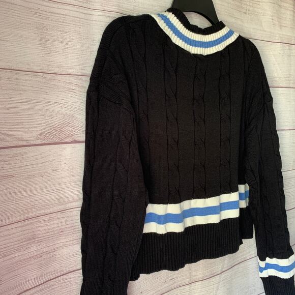 Balboa Fashion Cable Knit Tennis Sweater Black Blue Striped Crop With Tag Size L - Picture 14 of 16